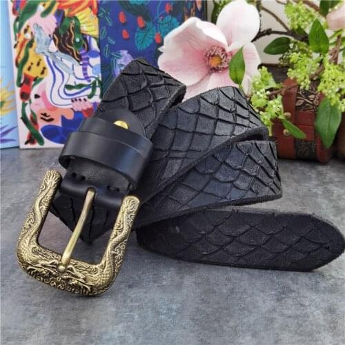 Dragon Brass Belt Buckle Mens Belt Double-Sided Use Hand Carving Designer Belt Ceinture Homme Luxury Men Leather Belt MBT0600