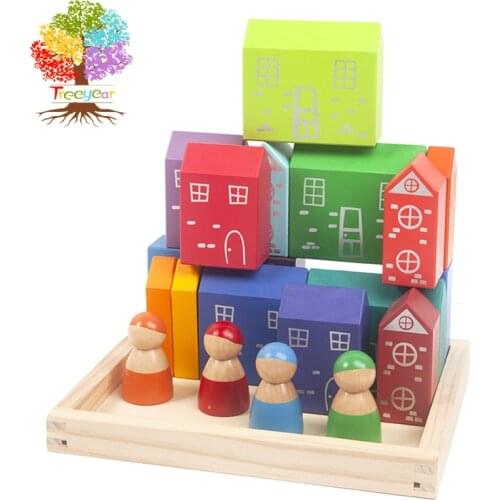 Treeyear 20 Pcs Wooden City Building Blocks Set, Colorful Stacking Preschool Educational Toys for Toddlers Boys Girls Gifts