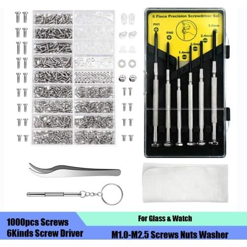1000PCS Glasses Screw Repair Kit 6 Kinds of Multi-function Mini Screwdriver Tweezers