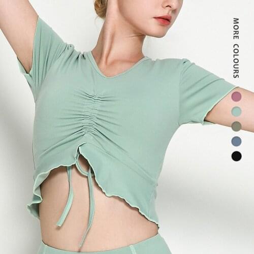 New drawstring V-neck sports short-sleeved t-shirt with lotus leaf swing short yoga top with breast pad nude yoga suit
