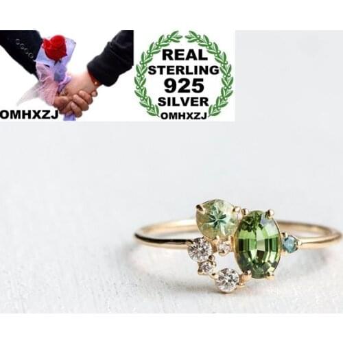 OMHXZJ Wholesale European Fashion Woman Girl Party Wedding Gift Green AAA Zircon 925 Sterling Silver 14KT Yellow Gold Ring RR394