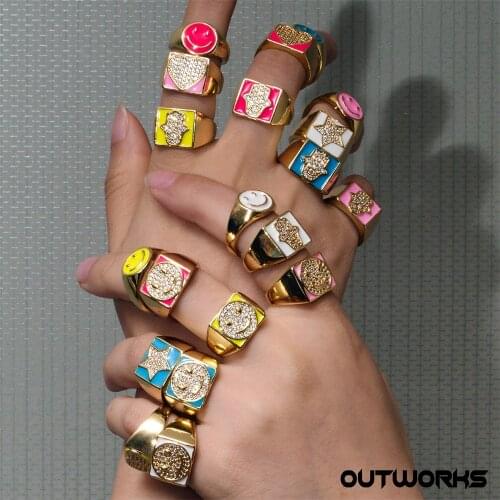 Outworks 2021 New Hip-Hop Jewelry Zircon Trend Fashion Heart-Shaped Open Ring Square Ring For Women Men Gifts Jewelry Party