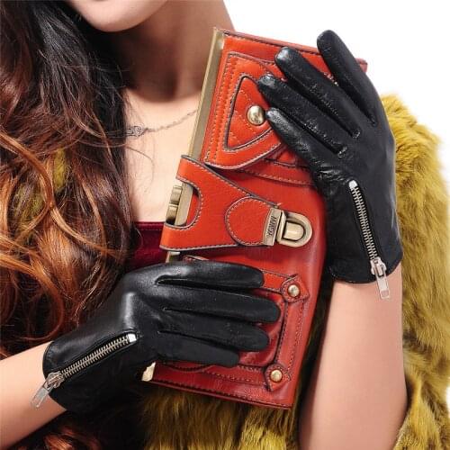 Genuine Leather Gloves Female Fashion Zipper Style Short Sheepskin Gloves Simple Winter Warm Leather Womans Gloves NS23