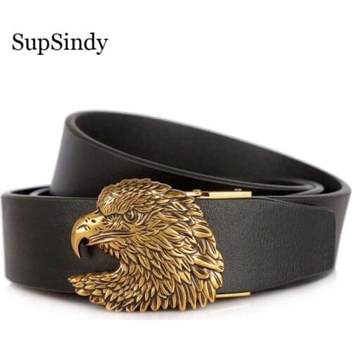 SupSindy Men Leather Belt vintage Eagle Metal Automatic Buckle Black Genuine Leather Belts for Men Cowhide Waistband male strap