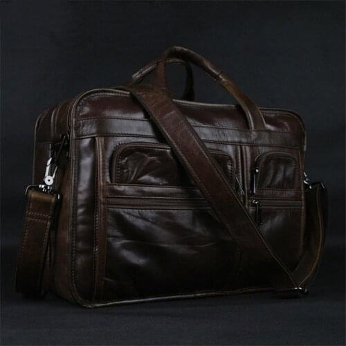 Luxury Genuine Leather Mens Briefcase Business Bag Leather Laptop bag 15.4"inch Messenger Bag men Shoulder Bag Tote Handbag