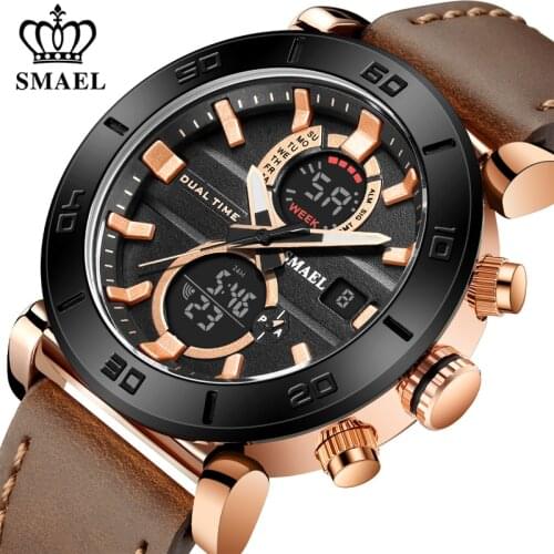 SMAEL Fashion Sport Men Quartz Digital Watch Casual Leather Waterproof Military LED Wrist Watch Dual Display Relogio Masculino