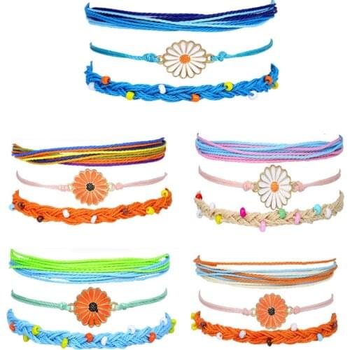 Bohemian Style Waterproof Wax Thread Hand-Woven Bracelet Alloy Chrysanthemum Beaded Bracelet Set Bracelets Boho Bracelet Homme