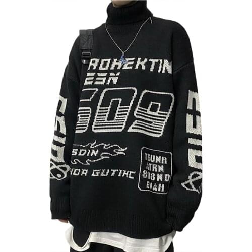 Hip Hop Flame Alphabet Print Medium Long Knitted Sweater Pullover Winter Loose Turtleneck Street Jacquard Oversized Dress ST034