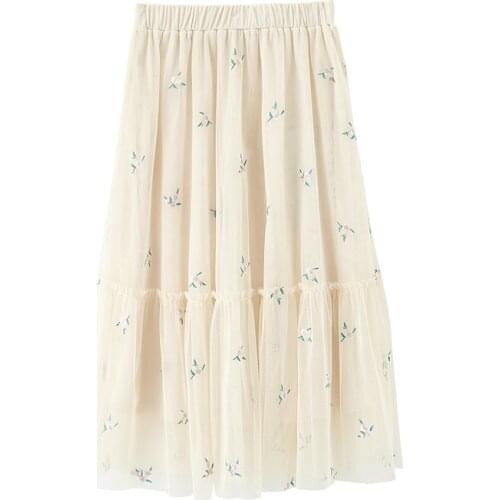INMAN Sweet Pure Style Skirt Lady Girl Gauze Flower Embroidery A Line Stretchable Waist Bottom