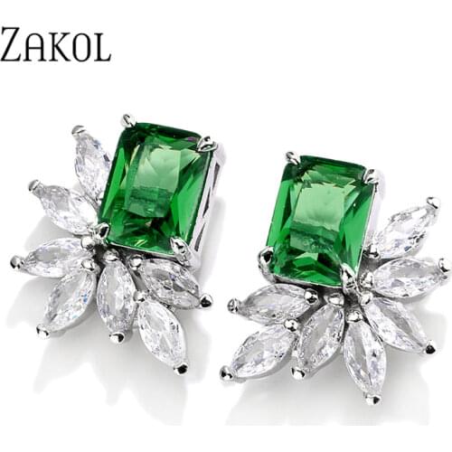 ZAKOL Luxury Square with Marquise CZ Stone Women Stud Earrings for Party 4 Colors Delicate Gift Dazzling Ladys Wedding Jewelry