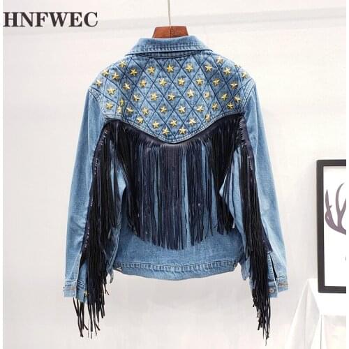 2020 Autumn Winter Long Sleeve Turn Down Collar Rivet Tassel Red Denim Jacket Women Coat Streetwear K409