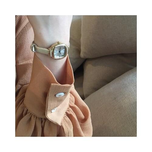 Simple retro square thin belt coffee leather small dial quartz lady watch