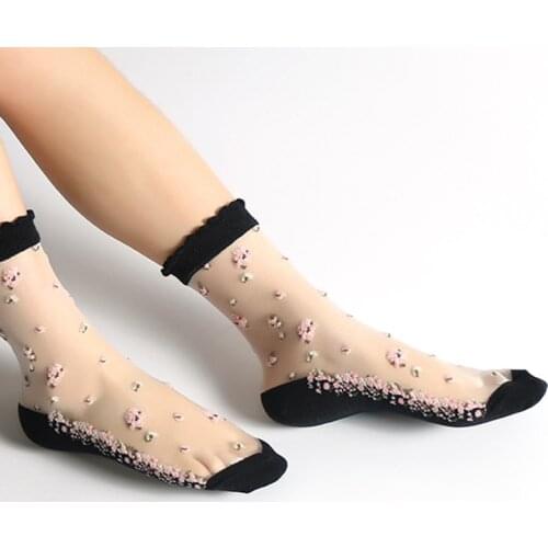 Rose Flower Pattern Silk Sock For Women Casual Breathable Ultra Thin Summer Socks Female Transparent Lace Elastic Short Socks