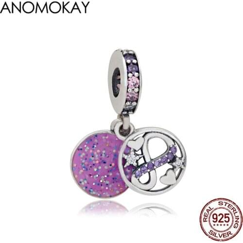 Anomokay Romantic Colorful Enamel Round Heart Pendant Charm fit Bracelet Necklace 100% 925 Sterling Silver Purple Bead Pendants