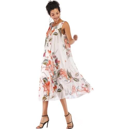 Women Elegant Floral Printing Round Neck Suspender Dress Leisure Loose Sleeveless Dresses Strapless Temperament Vestidos