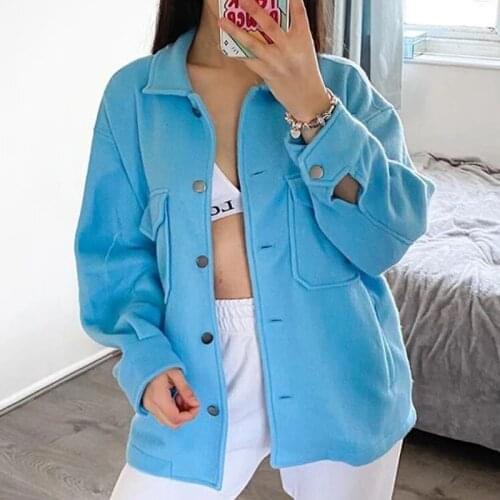 Women Breasted Turn-down Collar Wool Coat Casual Long Sleeve Button Pocket Outwear Female Solid Loose Streetwear Jacket