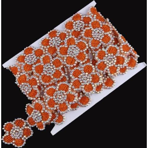 1Yard Handmade Beaded Orange Rhinestone Applique Trim Sewing Flower Crystal Rhinestone Patch Trimming For DIY Wedding/Evening
