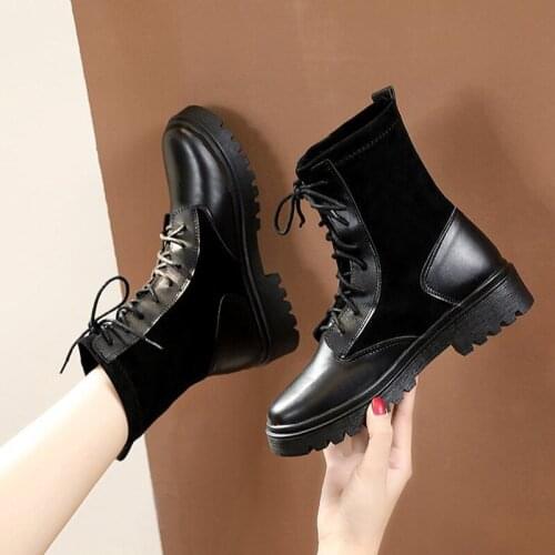 5-9 US size mid-calf motorcycle boots new winter patchwork thick bottom non-slip lace-up riding booties fashion warm women botas