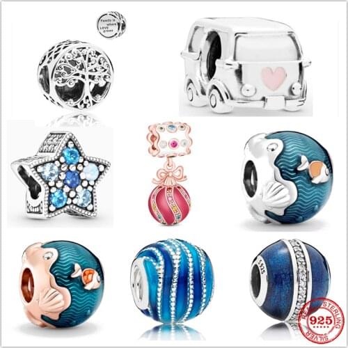 New 925 Sterling Silver Family Car Star Strawberry Waves & Fish Charm Beads Fit Original Pandora Bracelet DIY Jewelry For Women