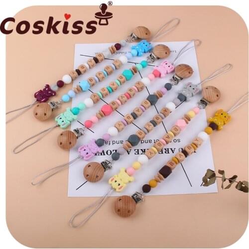 Coskiss Customized Name Newborn Infant Pacifier Chain Elephant Silicone Beads Teether Toy Dummy Holder Baby Pacifier Chain
