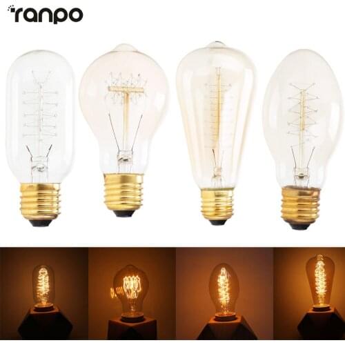 E27 40W Edison Bulb ST64 A19 C55 Vintage Retro Carbon Bulb Incandescent Tungsten Filament Bulbs Black Pendant Light Lamp 220V