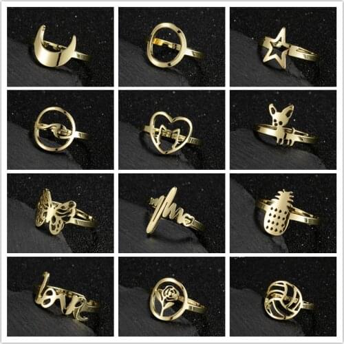 Hip Hop Women Fashion Rings Lovely Crescent Moon Ring Retro Stainless Steel Chihuahua Dog Anillos New Year Charm Jewelry Gifts