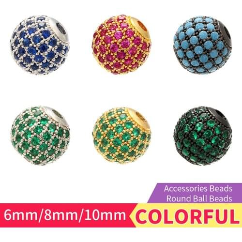 ZHUKOU 6mm/8mm/10mm High Quality Brass Cubic Zirconia Round Spacer Beads for Jewelry Accessories Model: VZ223