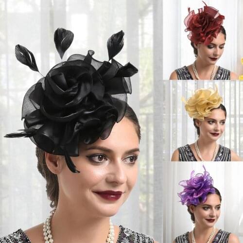 Faux Feather Mini Fascinator Hat Net Yarn Flower Shape Solid Color Cocktail Headwear Hair Accessories