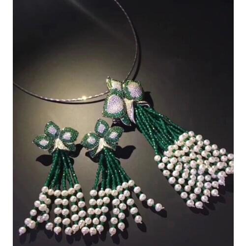 Natural fresh water pearl pendant earring jewelry set flower tassels romantic fine women jewelry 925 sterling silver