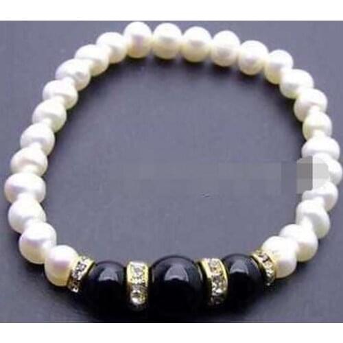 New hot SALE 6-7mm white Natural Pearl & black natural Round Agate 7.5" bracelet