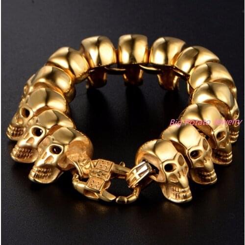 New Stainless Steel Skull Bracelet Mens Jewelry Wholesale Gold Color Steampunk Link Chain Mens Bracelets Bangles