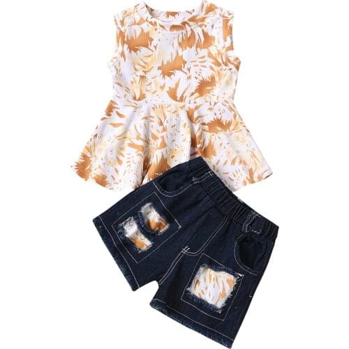 OPPERIAYA 2Pieces Kids Suit Set Baby Girls Floral Print Round Collar Sleeveless Pullover Tops Denim Shorts for Summer 1-4 Years