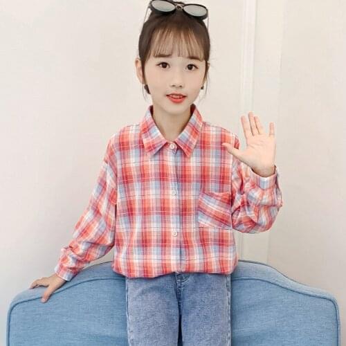 Children Autumn Plaid Shirts Clothes Fashion 2021 Kids Causal Tops Cotton For Girls 4 6 8 10 12 14 16 Years Long Sleeve Blouse