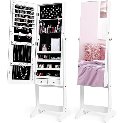 Jewelry Cabinet Standing Full Length Mirror Makeup Lockable Armoire, Large Cosmetic Storage Organizer with Brush Holder White