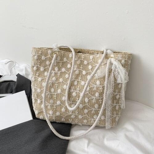 Women Fashion Straw Woven Lace Embroidery Shoulder Shopping Bag Casual Ladies Summer Beach Vacation Holiday Street Tote Handbags