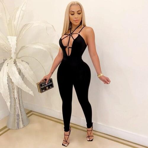 Party Jumpsuit Women Clothing Clubwear Fashion Bandage Hollow Out Sexy Jumpsuit Sleeveless Slim Bodycon Rompers Womens Jumpsuit
