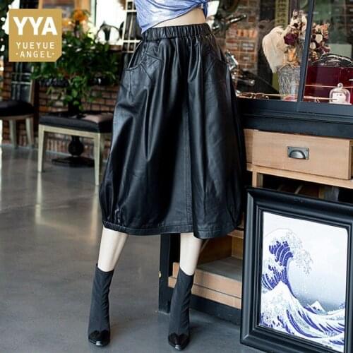 Gothic Mid-Calf Genuine Sheepskin Skirt Spring Autumn Loose Plus Size 4XL Street Elastic Waist A-Line Real Leather Skirts Black