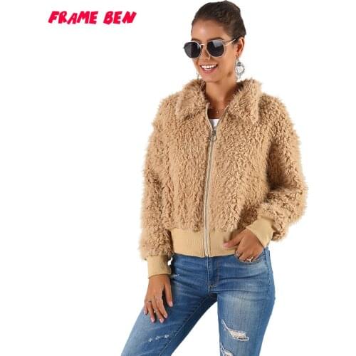 FRAME BEN 2019 Autumn Winter New Faux Fur Coat for Women Long Sleeve Zipper Short Coat Soft Fur Zipper Jacket Overcoat