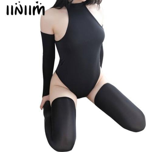 Women Exotic Set Erotic Sexy Lingerie Nightclub Stage Performance Outfits Sleeveless Bodysuit Underwear with Oversleeve Stocking