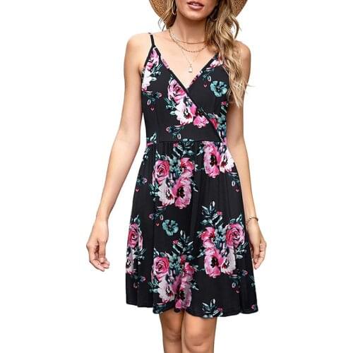 Sexy Print Black flowers Dress Women Spaghetti Strap Vintage Boho Summer Beach Mini Dress Sleeveless Sundress A-line skirt 2021