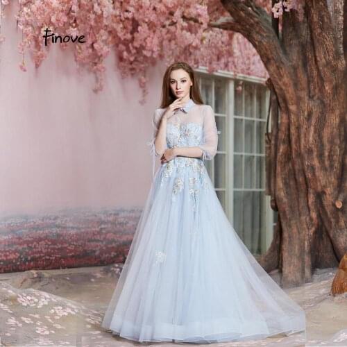 Finove 2019 A Line Evening Dresses Long Light Blue Illusion Tulle Appliques Formal Dress Elegant Prom Dress Vestido Do Festa