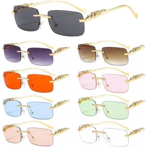 1 PC Retro UV400 Rimless Rectangle Driving Sunglasses Cheetah Design Decoration Clear Ocean Lens Eyewear Summer Glasses Shades