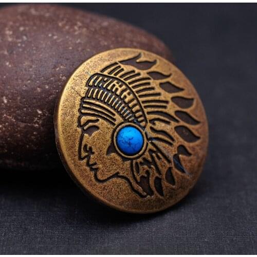 10PC 37mm Sturdy Antique Brass Ethnic Tribal Indian Skull Leathercraft Belt Luggage Bag Saddle Turquoise Concho Screwback