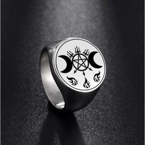 LIKGREAT Triple Moon Goddess Kabbalah Rings for Men Women Solomon Hekate Witchcraft Pentagram Amulet Stainless Steel Jewelry