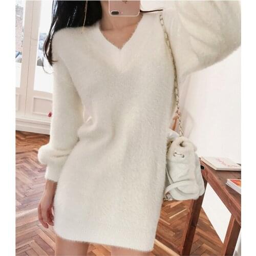 2021 Hot V Neck Long Sleeve Sweater Dress Women Autumn Winter Loose Casual Clothes Mini Solid Versatile Comfortable Simplicity