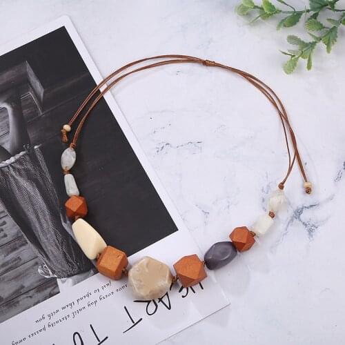 2021 Fashion Wood Resin Pendant Necklace For Women Trendy Cord Chain Wood Charms Opal Accessories Vintage Jewelry Gifts For Mom