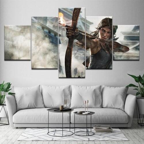 5 Pieces Wall Art Canvas Painting Lara Croft Tomb Raider Printed Poster Room Decorative Pictures for Living Room Frameless