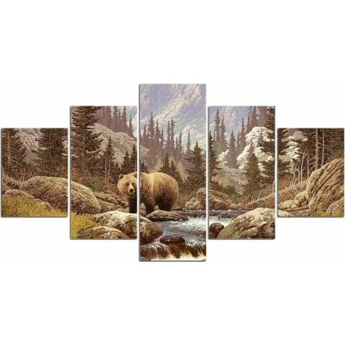 5 Pcs Wild Bear in Forest Animal Canvas Pictures Print Wall Art Canvas Paintings Wall Decorations for Living Room Unframe