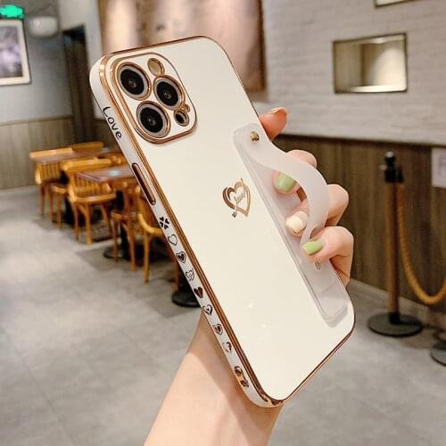 Plating Love Heart Wrist Strap Phone Case For iPhone 12 Mini 11 Pro Max XR XS Max 7 8 Plus X SE2020 Soft Shockproof Holder Cover