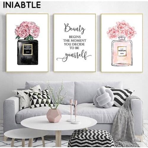 Flower Perfume Bottle Fashion Posters Prints Beauty Begins Quote Canvas Painting Watercolor Wall Art Pictures Bedroom Home Decor